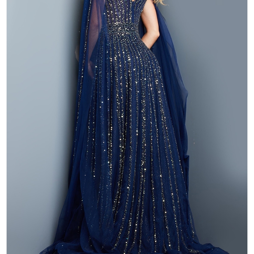 Jovani Blue and Gold Sequin Pleated Gown - Picture 8 of 9
